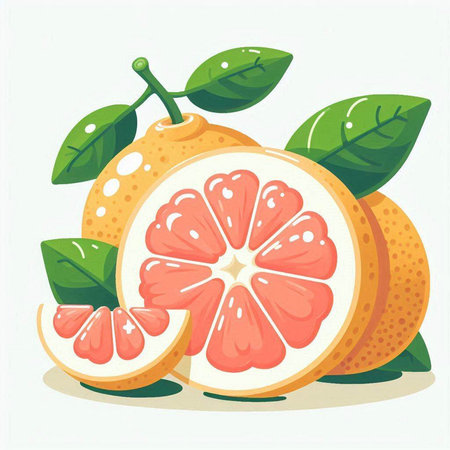 Illustration of whole and cut grapefruit with leaves on white backgroundのイラスト素材