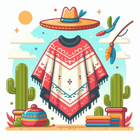 Mexican poncho with cactus and sombrero. Vector illustrationのイラスト素材