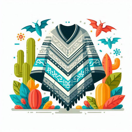 Mexican poncho with cactuses. Vector illustration.のイラスト素材