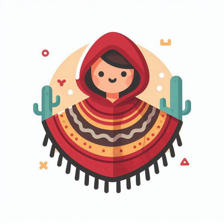 Vector illustration of a girl in a poncho with a cactus.のイラスト素材