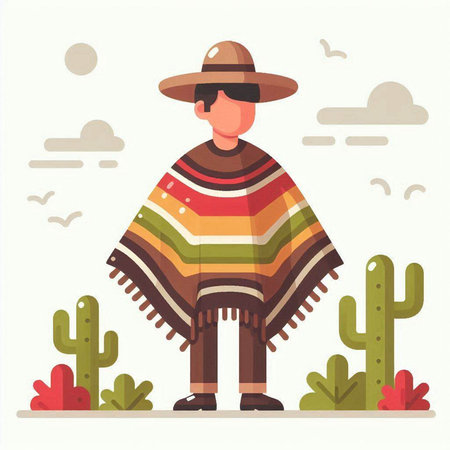 Mexican man in poncho and sombrero vector illustration.のイラスト素材