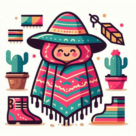 Mexican sombrero, poncho and boots. Vector illustration.のイラスト素材