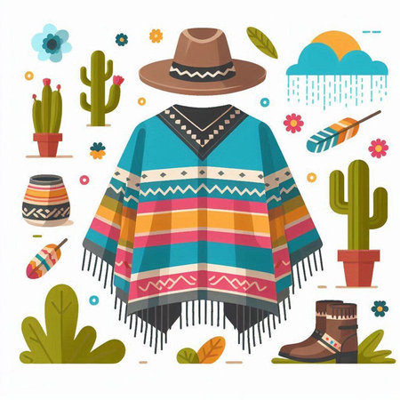 Mexican poncho, hat, cactus and other accessories. Vector illustration.のイラスト素材