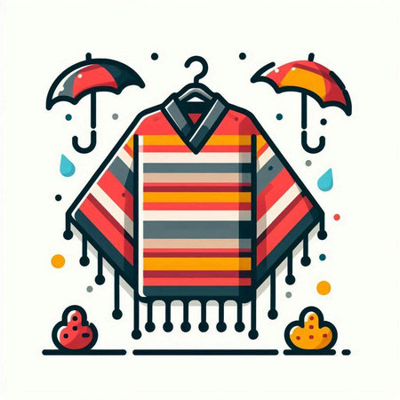 Colorful vector illustration of a striped poncho with umbrellas, raindrops and hearts.のイラスト素材