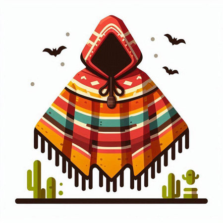 Mexican poncho with cactus and bats. Vector illustration.のイラスト素材