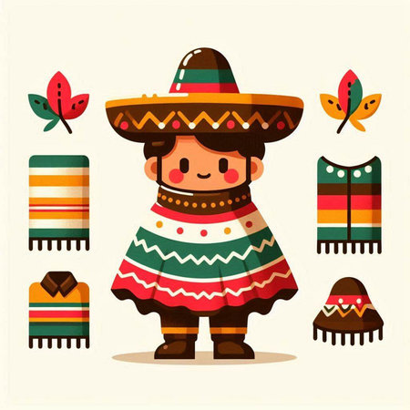 Cute little girl in mexican costume. Vector illustration.のイラスト素材