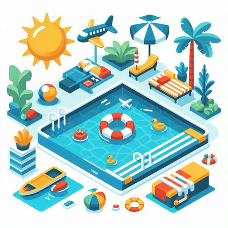 Swimming pool isometric composition with swimming pool and sunbathing area vector illustrationのイラスト素材