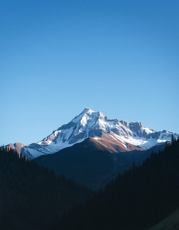 Mountain landscape with snow-capped peaks and coniferous forestの写真素材