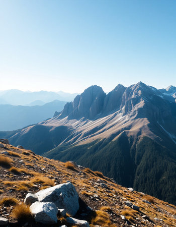Mountain landscape with rocks and clear blue sky.の写真素材