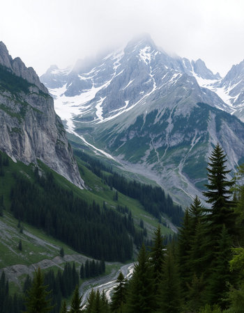 Mountain landscape with snow-capped peaks and coniferous forest