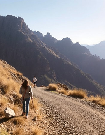Young woman with backpack hiking in the mountains. Travel and active lifestyle concept.の写真素材