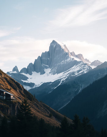 Mountains with a house in the foreground. View from the top.の写真素材