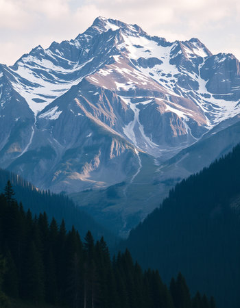 Mountain landscape with coniferous forest and snow-capped peaksの写真素材