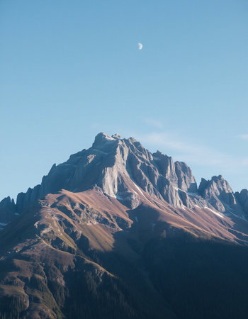 Mountain landscape in Dolomites, Italy. The moon over the mountainsの写真素材