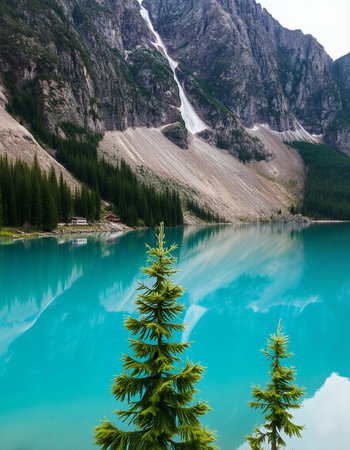 Beautiful turquoise Moraine lake in Banff National Park, Canadaの写真素材