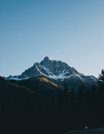 Mountain landscape with snow and clear blue sky in the background.の写真素材