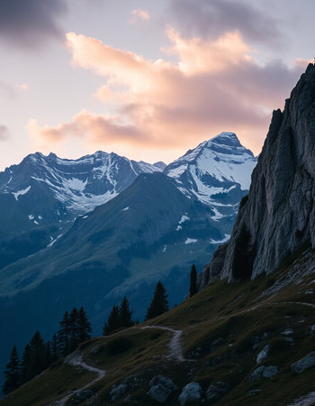 Mountains in the Alps at sunset.の写真素材