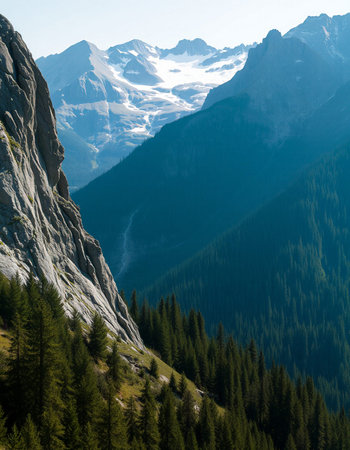 Mountain landscape with fir forest and snow capped peaks in the background