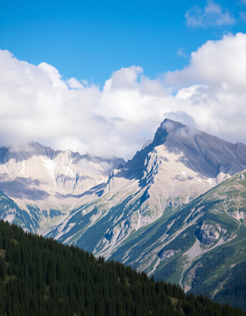 Mountain landscape with coniferous forest and snow-capped peaksの写真素材