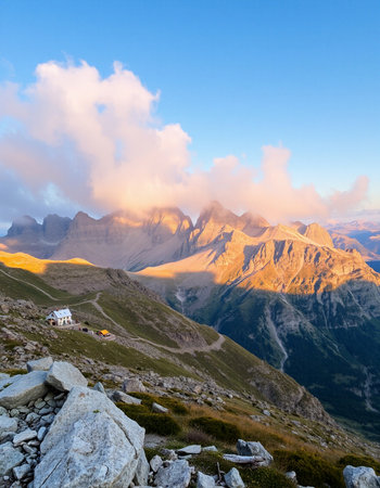 Mountain landscape at sunset. Dolomites, Veneto, Italyの写真素材
