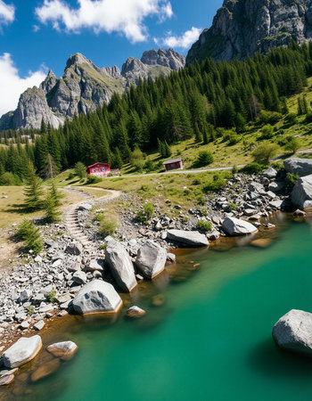 Mountain lake in Dolomites, Italy. Summer landscape.の写真素材