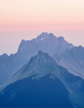 Sunset in the mountains of the Alps. View from the top of the mountain.の写真素材