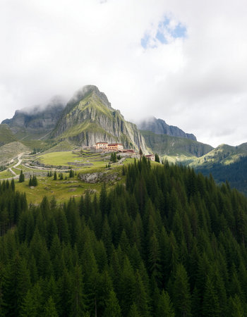 Mountain landscape with church in Dolomites, Veneto, Italyの写真素材