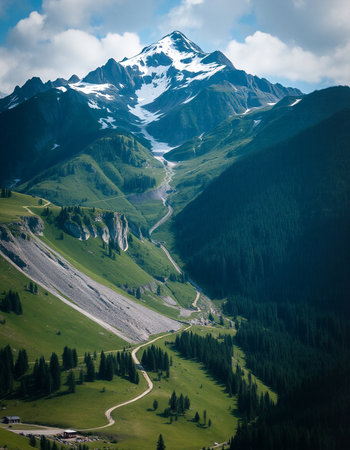 Beautiful alpine landscape with high mountains and blue sky with cloudsの写真素材