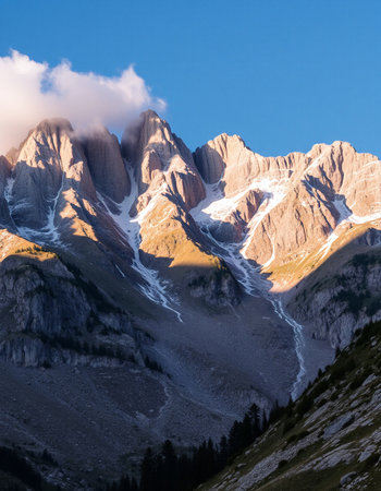Dolomites mountains at sunrise, Italy, South Tyrolの写真素材