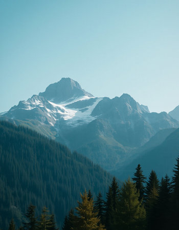 Mountain landscape with coniferous forest and snow-capped peaksの写真素材