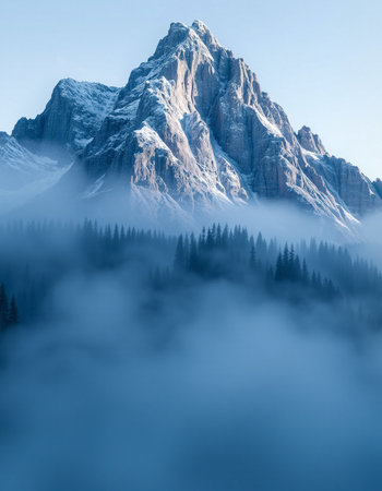 Mountain landscape with snow and fog, Dolomites, Italyの写真素材