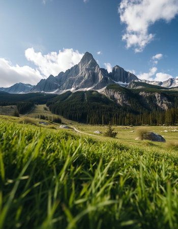 Scenic view of the Dolomites mountains in summer, Italyの写真素材