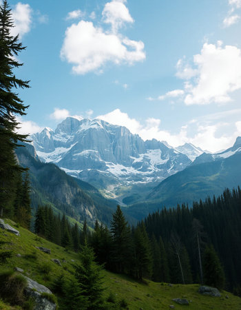 Mountain landscape with snow-capped peaks and coniferous forest