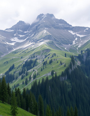 Mountain landscape with coniferous forest and road in Alps