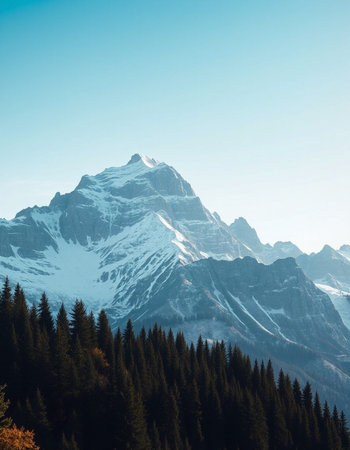 Mountain landscape with snow covered peaks and coniferous forest.