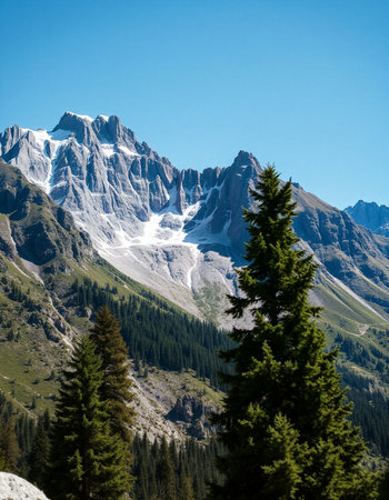 Mountain landscape with coniferous forest and snow-capped peaksの写真素材