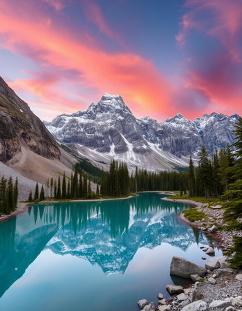 Sunset over Moraine Lake in Banff National Park, Alberta, Canadaの写真素材