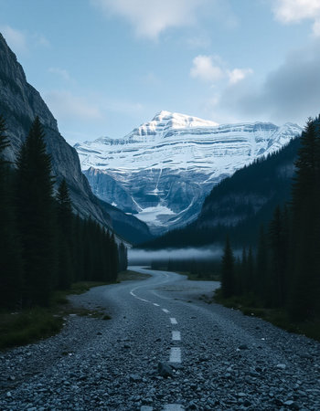 Mountain road through the forest. Lake Louise, Banff National Park, Alberta, Canada