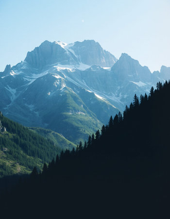 Mountain landscape with snow-capped peaks and coniferous forest