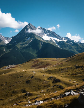 Mountain landscape with snow-capped peaks. Caucasus, Russiaの写真素材