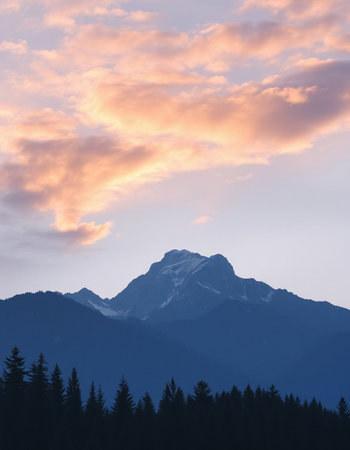 Mountain landscape at sunset. View from the top of the mountain.の写真素材