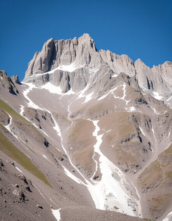 Mountain landscape with snow and clear blue sky.の写真素材