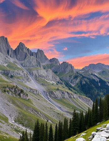 Dolomites mountain landscape at sunrise, South Tyrol, Italyの写真素材