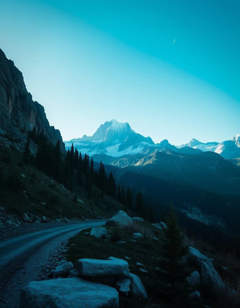 Mountain road in the Dolomites at sunrise, Italy.の写真素材