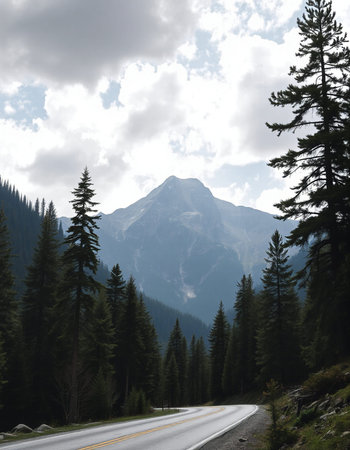 Highway in the mountains with coniferous trees and cloudy sky