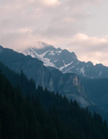 Mountain landscape with snow-capped peaks and coniferous forestの写真素材