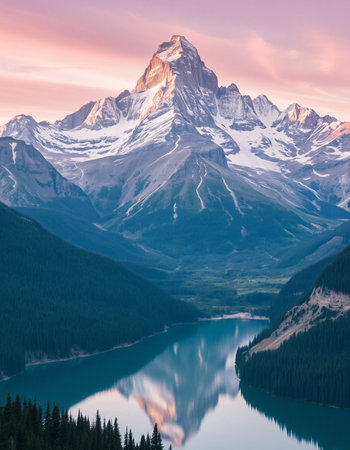 Mountain landscape with a lake. View from the top of the mountainの写真素材