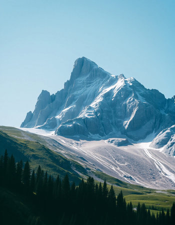 Mountain landscape with snow-capped peaks and coniferous forest