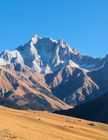 Mountain landscape with snow-capped peaks in the clouds.
