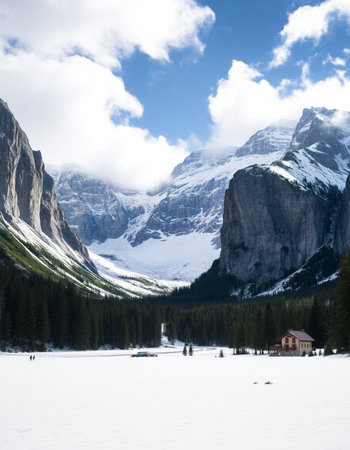 Snowy Landscape of Lake Louise in Banff National Park, Alberta, Canadaの写真素材